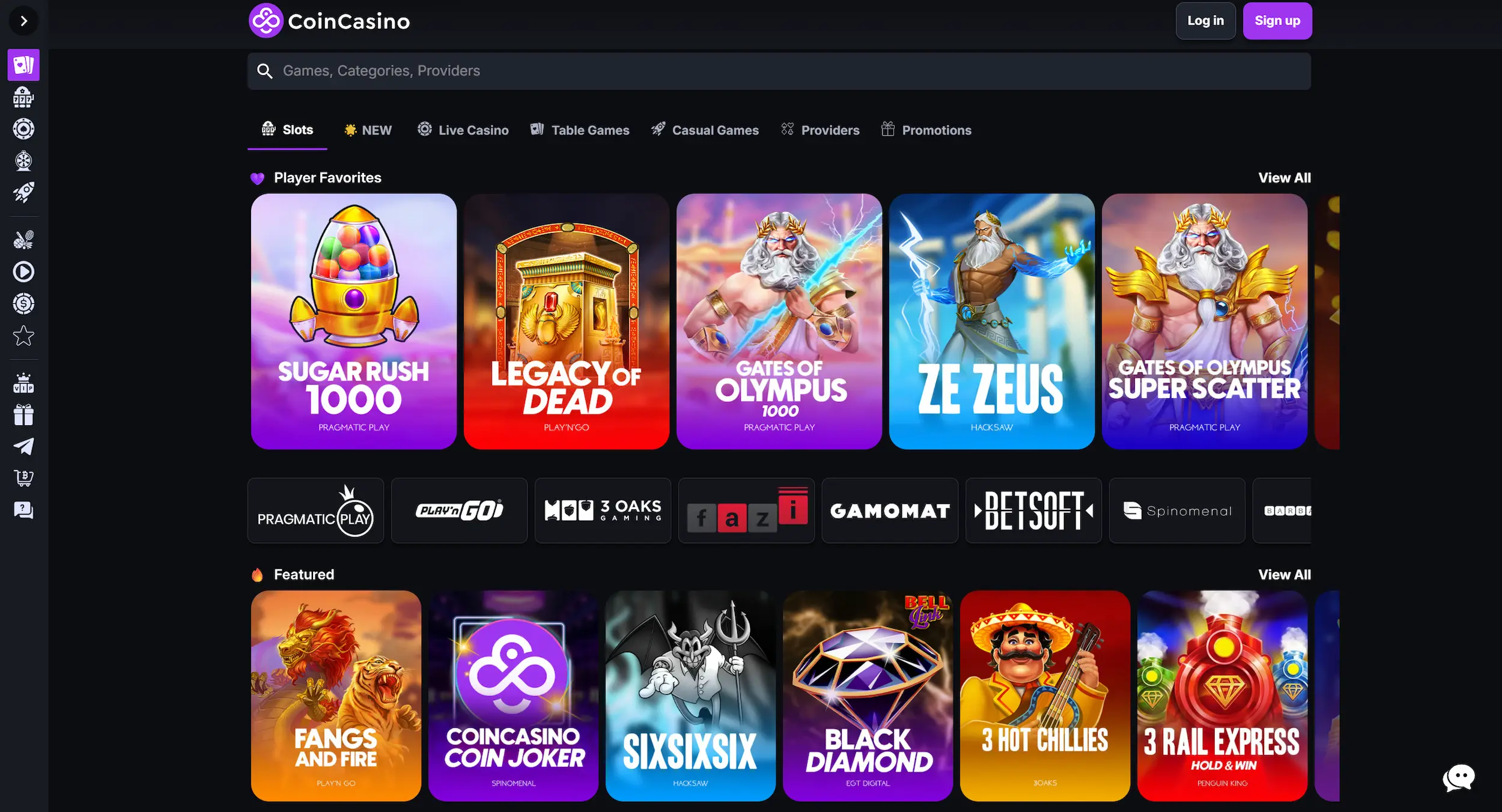 CoinCasino page showing selection of top online pokies, game providers and site navigation