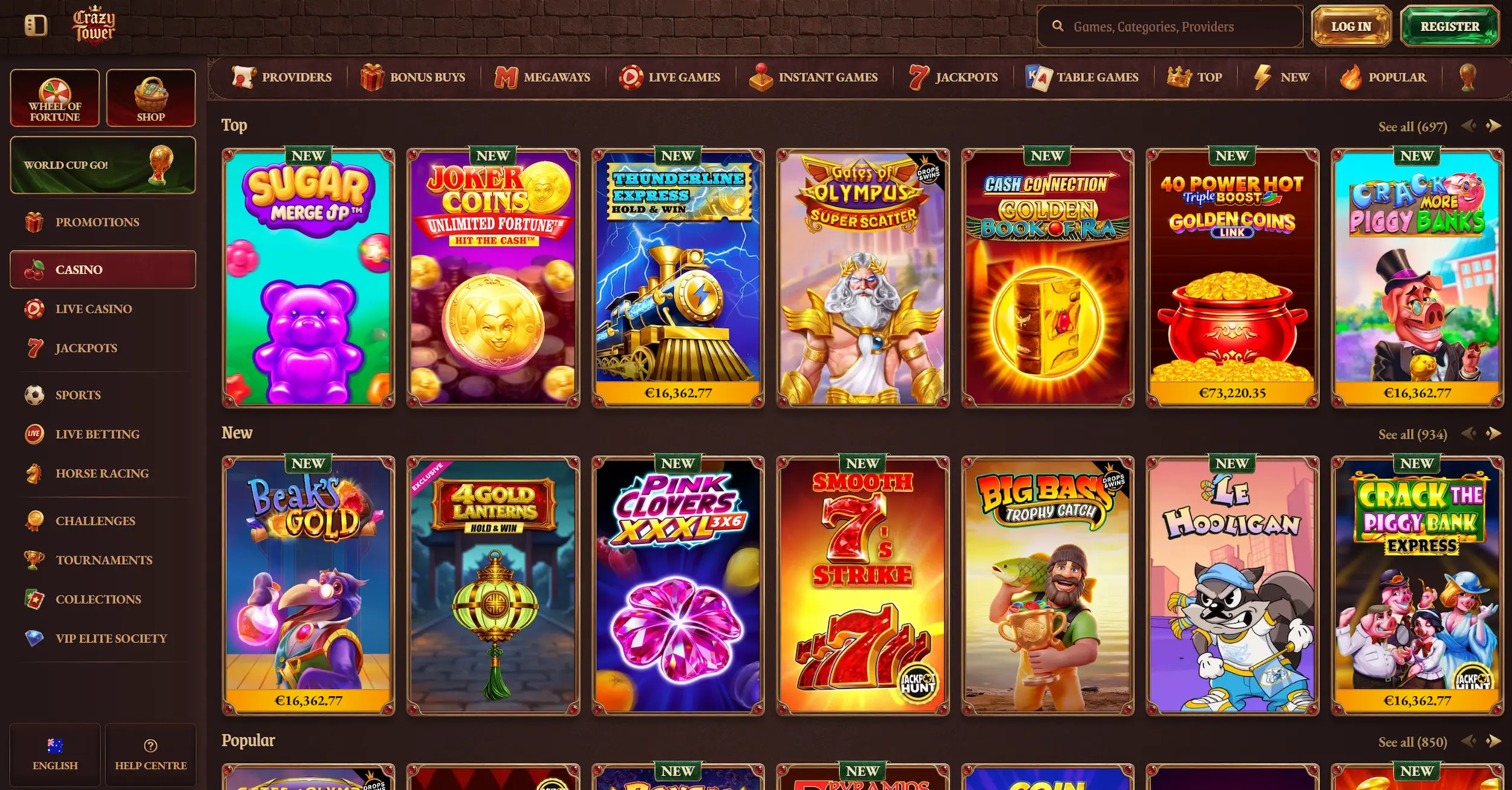 Crazy Tower casino page showing selection of top online pokies and site navigation