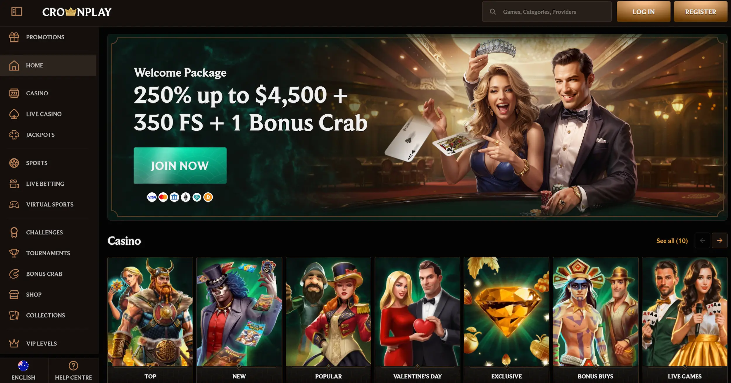 CrownPlay casino page showing welcome bonus offer, online pokies and site navigation