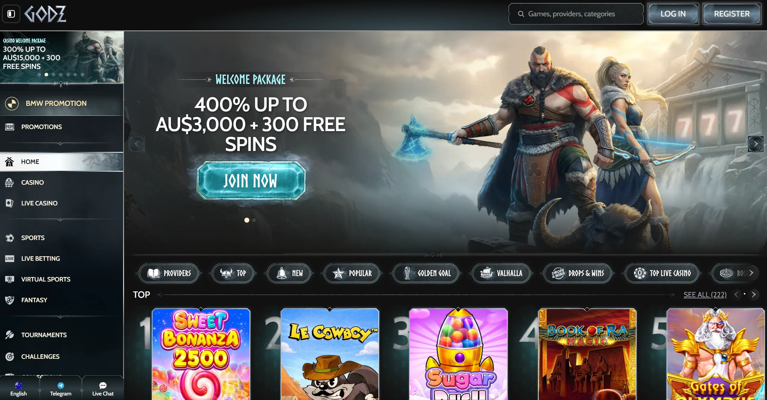 Godz casino page showing welcome bonus offer, top online pokies and site navigation