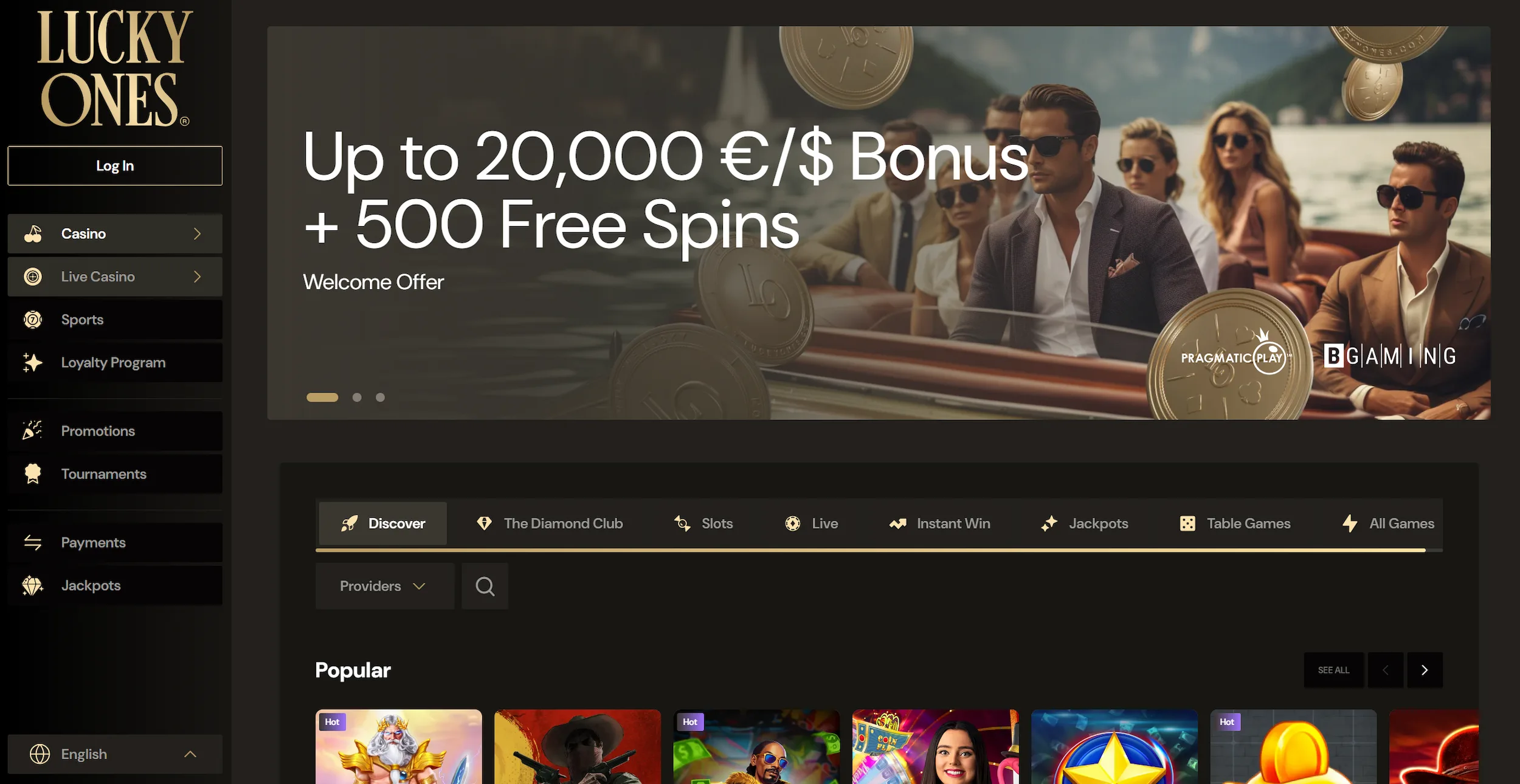 LuckyOnes casino page showing welcome offer, top online pokies and site navigation